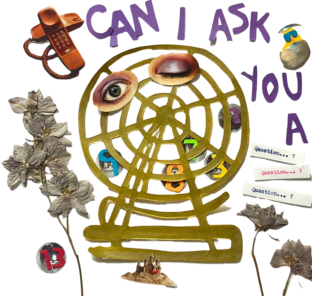 A collage of a bingo ball carriage with mirrorballs holding different numbers, some purple letters saying "Can I ask you a question...?", an old brown land-line phone, a chick being hatched from an opalite egg, a sunflower, and some lavender larkspur
